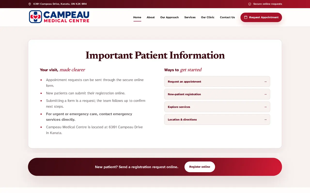 Campeau Medical Centre website on desktop