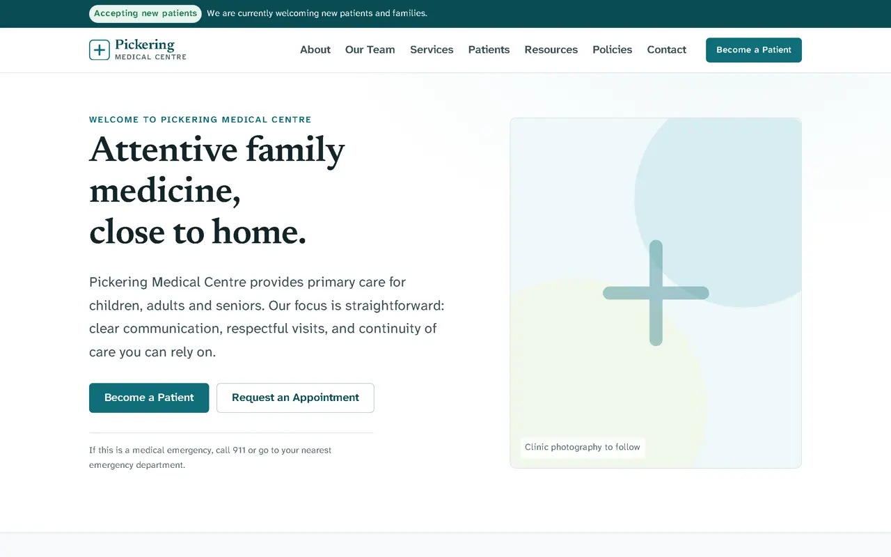 Pickering Medical Centre homepage on desktop